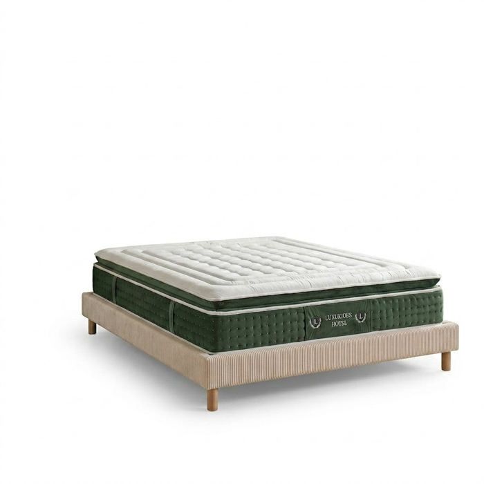 Ensemble lit et matelas - SAMPUR - Sampur - 160x200 cm - Velours côtelé beige - Matelas 33 cm mémoire de forme