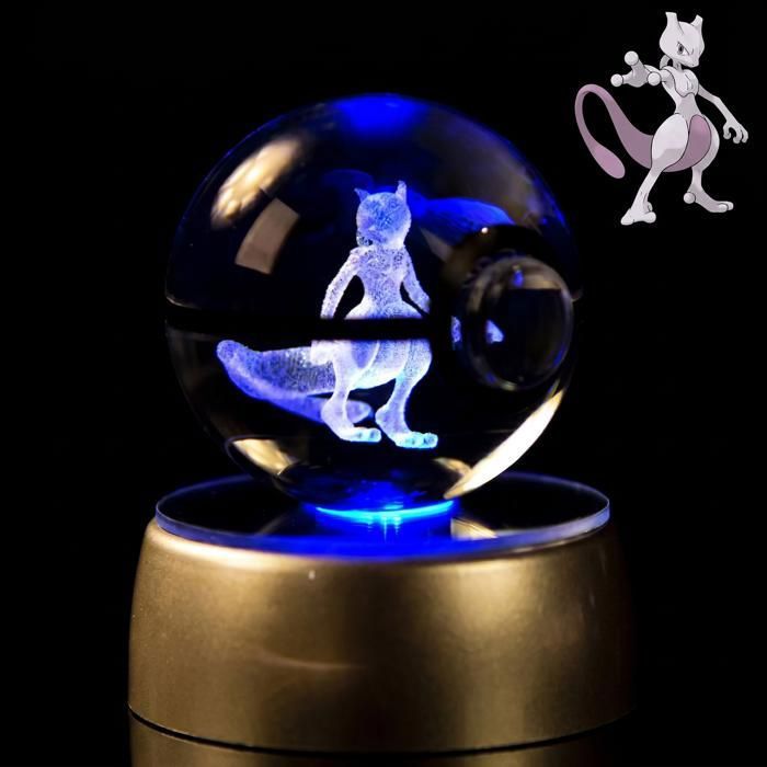 Boule de Cristal 3D Lumineuse avec Socle LED RGB – Veilleuse en verre gravé – style mewtoo