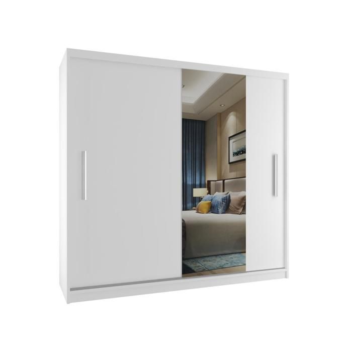 BELINI Grande Armoire 2 Portes Coulissantes VERONA MSE 200 cm - Blanc Mat - Miroir Intégré & Tringle - Chambre Adulte