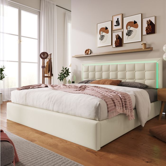 Lit coffre 160x200 cm en PU blanc lit capitonné avec LED sommier à lattes et rangement hydraulique
