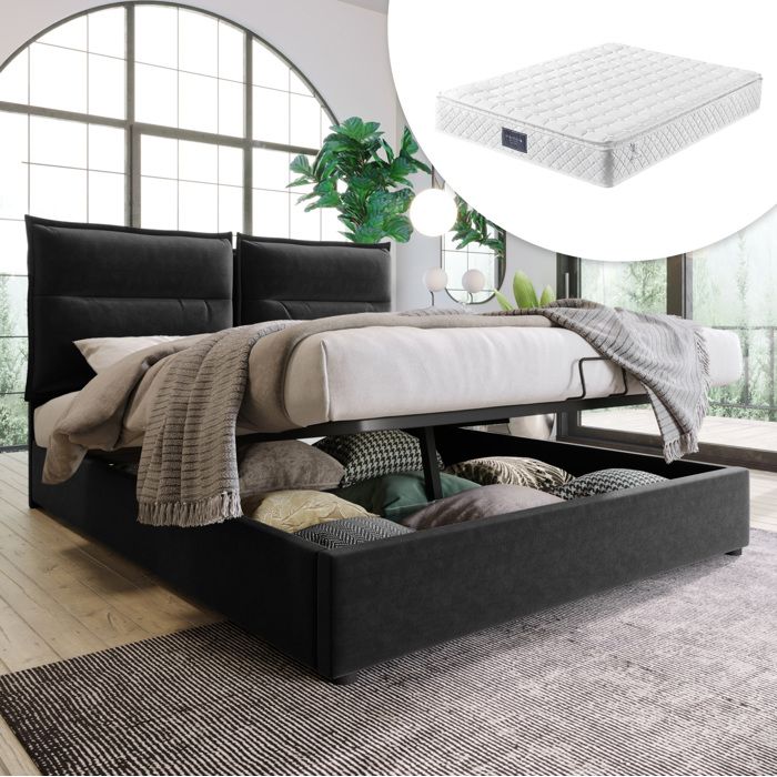 HOMVRA Lit coffre hydraulique 140x200 cm avec matelas tête de lit réglable velours noir