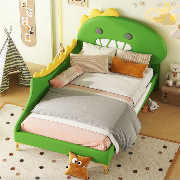 MEUBLIV Lit enfant 90 x 200 cm dinosaure cartoon vert en PU et MDF avec sommier à 12 lattes