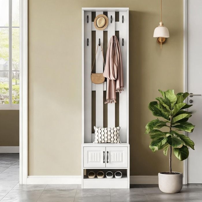 Meuble dentrée banc à chaussures avec penderie 8 crochets blanc 190 cm