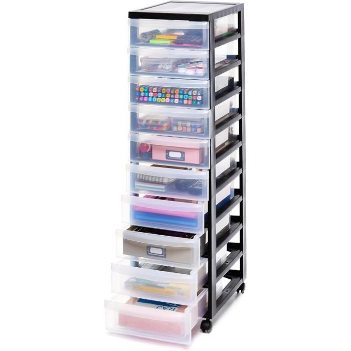 Tour de rangement à Roulettes en Plastique 10 Petits Tiroirs Noir Ouverture Facile Meuble de Rangement Papeterie pour Chambr