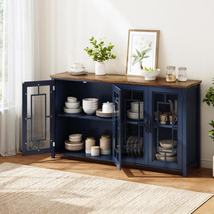 Buffet de cuisine 4 Portes vitrées 2 Compartiments - ELVMI - Plateau aspect bois pour Cuisine Bleu 160×40×86 cm