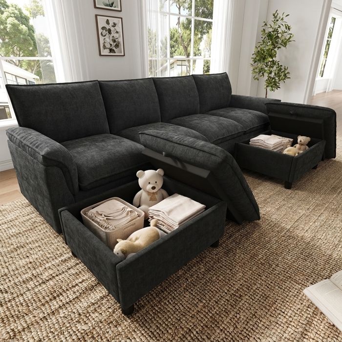 Canapé dangle modulable - Cloud - Assise moelleuse 52 cm - Repose-pieds amovibles avec coffre - Tissu chenille noir