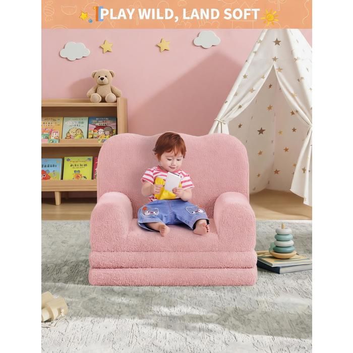 Canapé enfant 2-en-1 convertible – Fauteuil pliant en mousse – Tissu peluche doux – Sofa confortable – Rose
