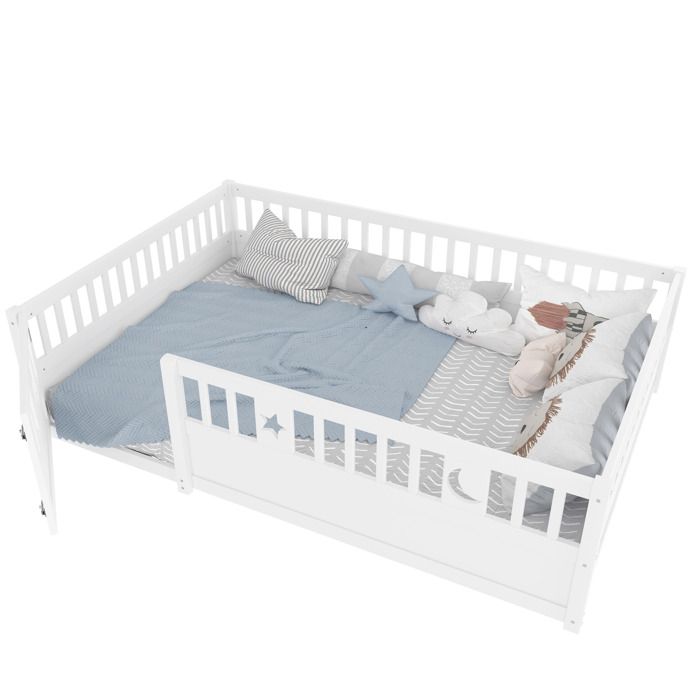 SENVIRO lit enfant 140 x 190 cm en pin et contreplaque avec barriers de securite porte verrouillable decor etoile et lune blanc