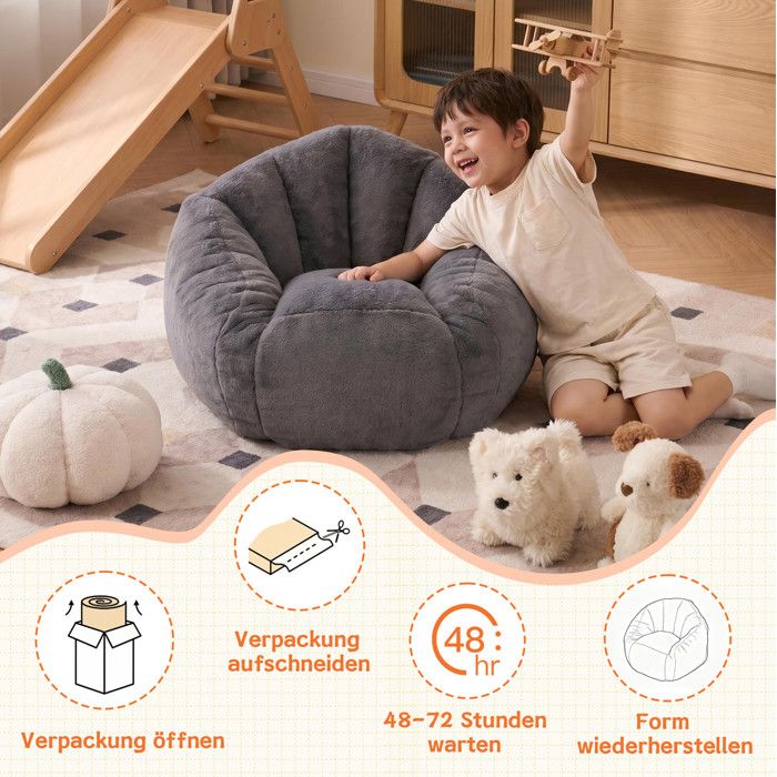 Fauteuil pouf enfant – gris – peluche moelleuse – intérieur – 1 place