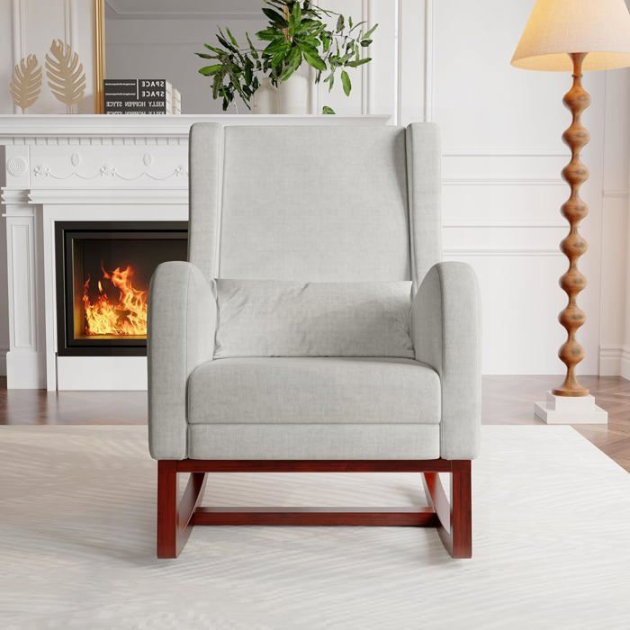 Fauteuil Relax en Lin Rocking Chair avec Accoudoirs Dossier et Repose-pieds Télescopique pour Salon et Chambre Gris avec Coussins