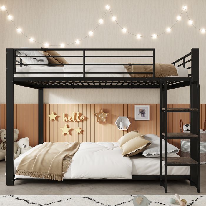 Ulsam Lit Superposé 4 Places en Metal 2x140x200 cm avec étagère en Bois Barrières de Sécurité Escaliers - Noir