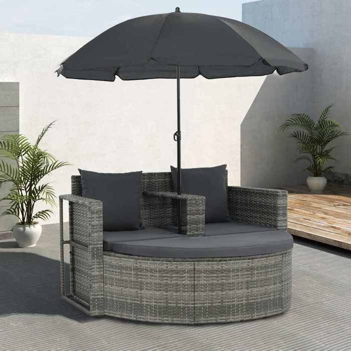 Gris Canapé de jardin 2 places avec coussins et parasol Gris - Meuble de balcon LV59461