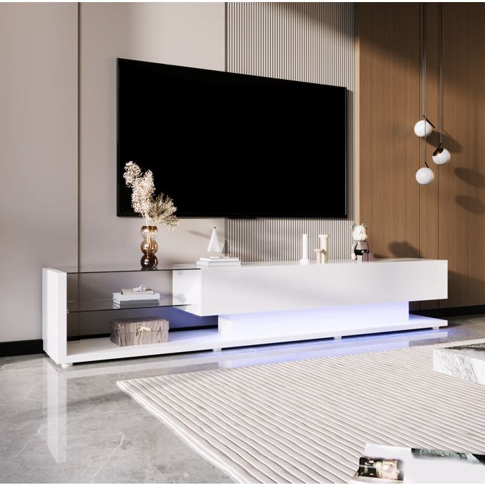 Meuble TV blanc brillant – 170 cm – LED intégrée – 2 tiroirs et étagères en verre