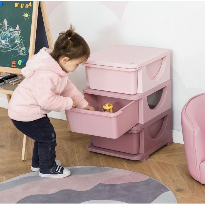 Commode enfant 3 tiroirs AESVAR en plastique rose meuble de rangement compact pour chambre et jeu