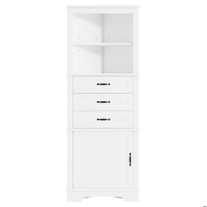 Armoire d’angle de salle de bain blanche en MDF avec 3 tiroirs étagères ouvertes et placard
