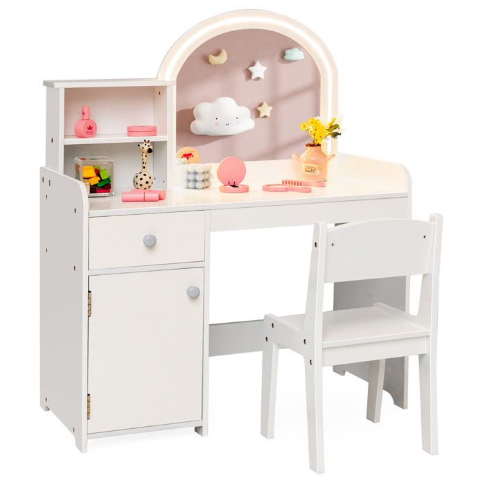 Éclairage LED réglable coiffeuse enfant avec chaise miroir acrylique sécurisé et grands rangements