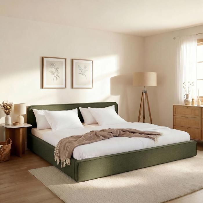 Lit Double LATINI 160x200 en Tissu Vert Lit Queen Size 2 Personnes avec Sommier à Lattes Inclus Tête Réglable en Hauteur