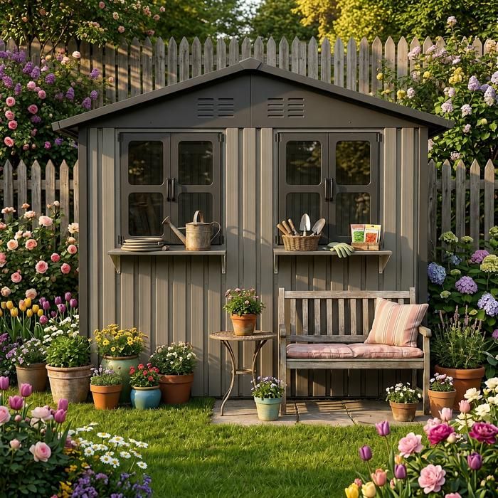 Abri de jardin en acier galvanisé 254 2x170 2cm (4 33m²) 2 doubles fenêtres ouvrantes 2 portes verrouillables et étagère à fleurs Abri de jardin en acier galvanisé 254 2x170 2cm (4 33m²) 2 doubles fenêtres ouvrantes 2 portes verrouillables et étagère à fleurs