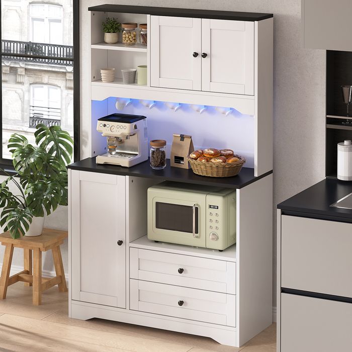 MERAX Buffet de Cuisine 163 cm avec LED et Prises - Meuble Bar Micro-ondes - avec Étagères Réglables et 2 Tiroirs - Blanc MERAX Buffet de Cuisine 163 cm avec LED et Prises - Meuble Bar Micro-ondes - avec Étagères Réglables et 2 Tiroirs - Blanc