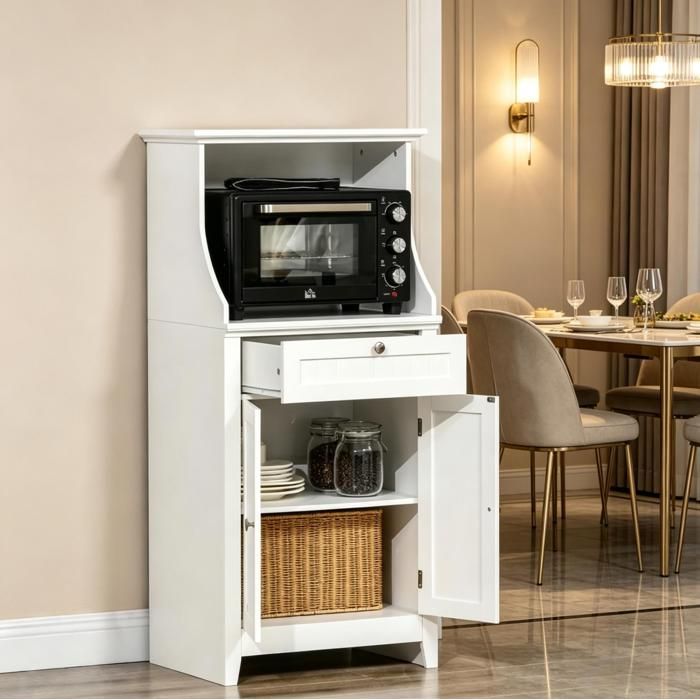 WOVREO Meuble micro-ondes blanc en MDF niche ouverte 2 portes 1 tiroir étagères réglables 60 x 40 x 122 5 cm