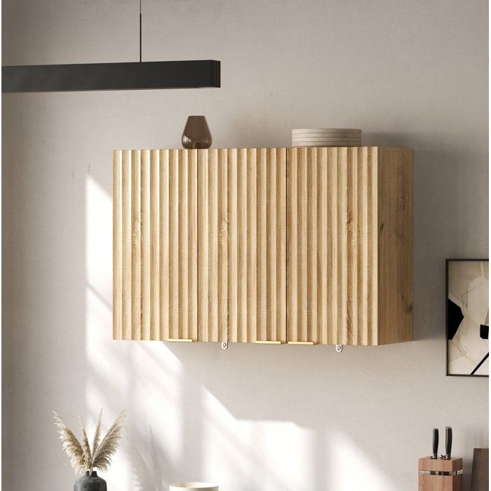 Meuble Haut Mural 3 Portes - MEUNIQ - Façades Rainurées Cuisine et Salle de Bain MDF Naturel 90×29×60 cm
