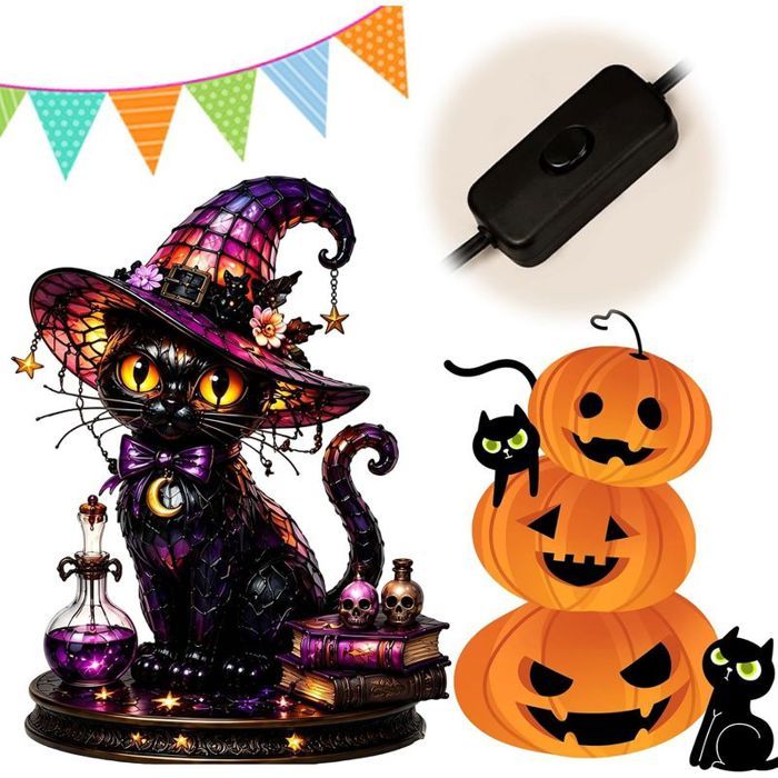 Lampe Chat Magique Gothique Halloween Lampe de Table Décorative Abat-jour en Acrylique USB