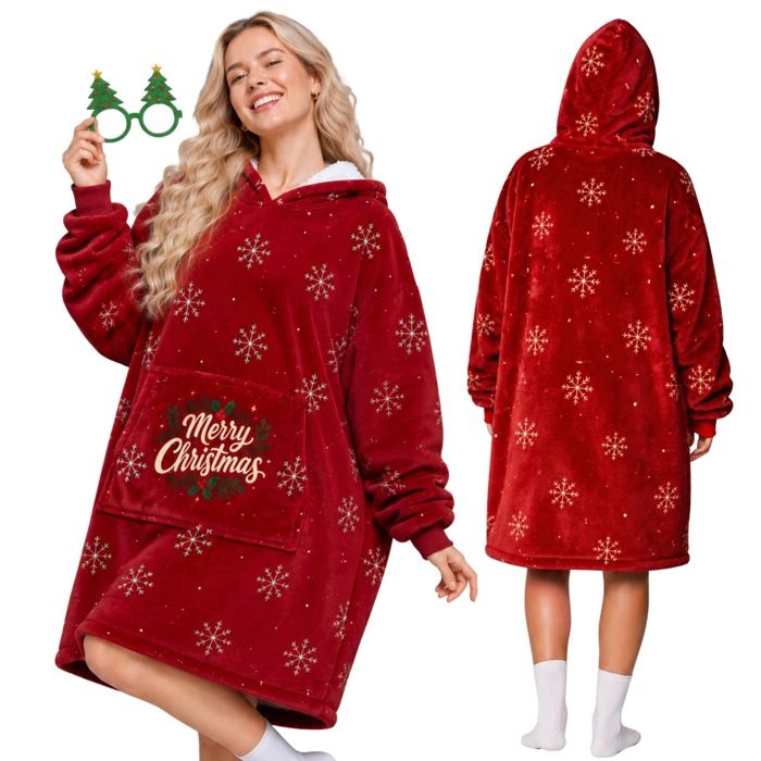 Couverture Plaid Sweat oversize motif Noël rouge sherpa polaire capuche poche taille unique XXL Couverture Plaid Sweat oversize motif Noël rouge sherpa polaire capuche poche taille unique XXL