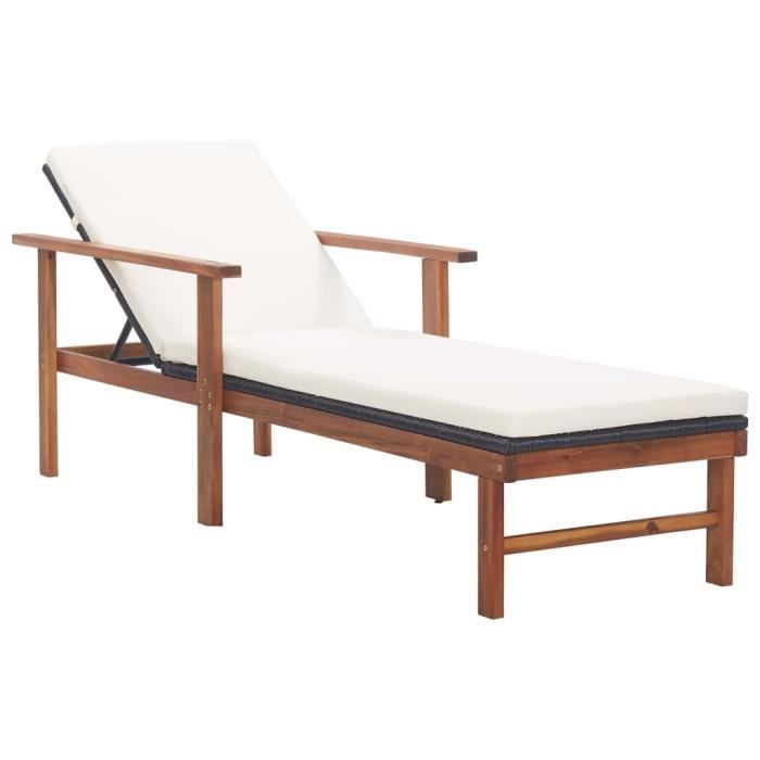 Chaise longue - AKOZON - Noir - Résine tressée - Bois dacacia - Coussins confortables