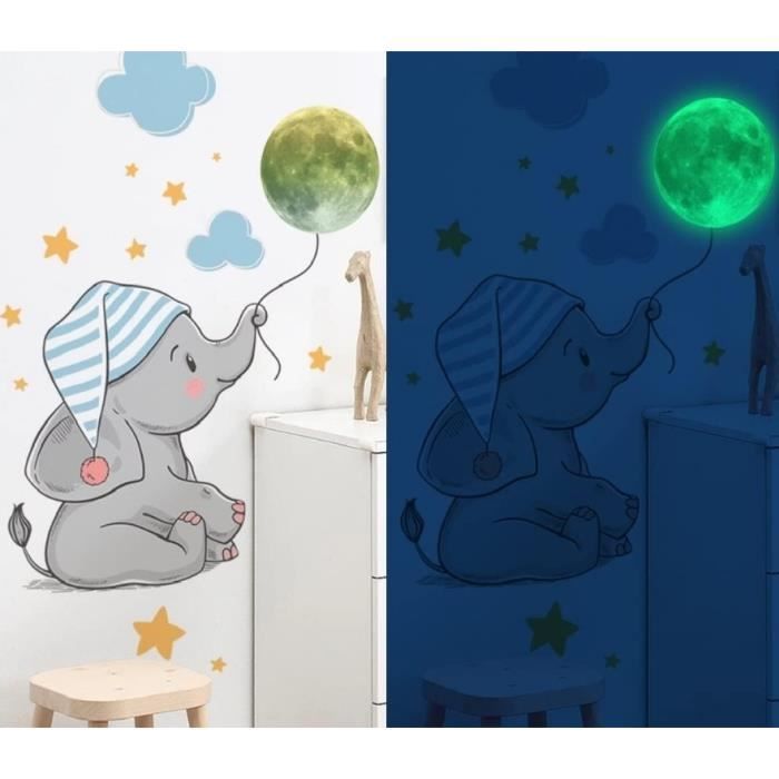 Sticker Mural Éléphant Lumineux Avec Lune Et Étoiles - Déco Chambre Bébé Phosphorescente