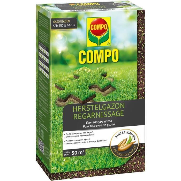 COMPO Graines à Gazon 1kg - Regarnissage Rapide - Pour 50m² - Revêtement Anti-Oiseaux - Germination Dès 5°C