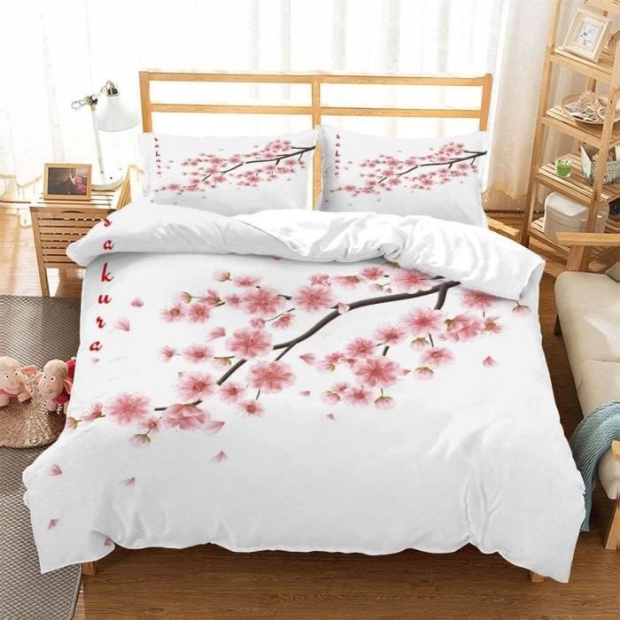 Housse De Couette 140X200 Fleurs De Cerisier Roses 3D Motif Parure De