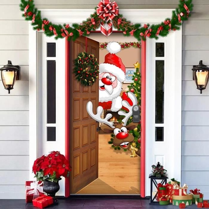 Photophore Suspendu Noël Porte - Housses Décoration Porte Sapin & Cloches, Toile Fond Festive Noir/Blanc
