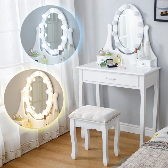 Coiffeuse avec Miroir à Lumières LED et Tabouret Luminosité Réglable 3  Tiroirs Blanc - Cdiscount Maison