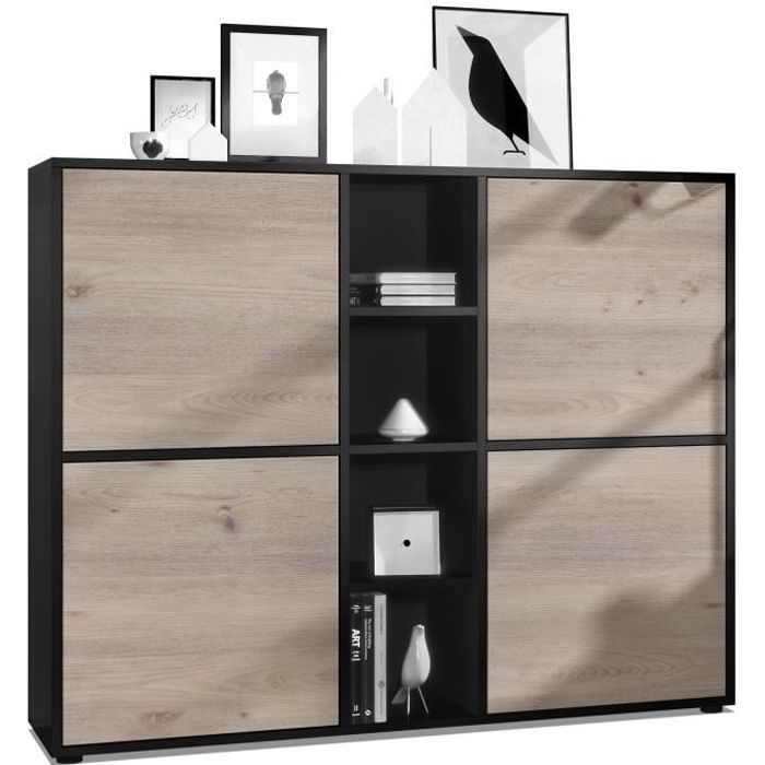 Vladon Buffet haut Cuba V3 avec 12 compartiments caisson en noir mat - Façades en Chêne Nordique Vladon Buffet haut Cuba V3 avec 12 compartiments caisson en noir mat - Façades en Chêne Nordique