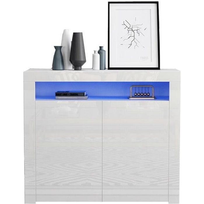 Buffet bas LED contemporain blanc façades laqué brillant - L 108 cm