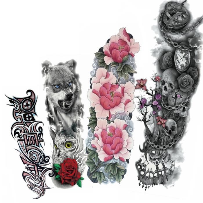 4 Morceaux Aquarelle Fleur Lotus Autocollants De Tatouage Temporaire Loup Hommes Sexy Plein Bras Art De Corps Femmes Jambes Dépaule