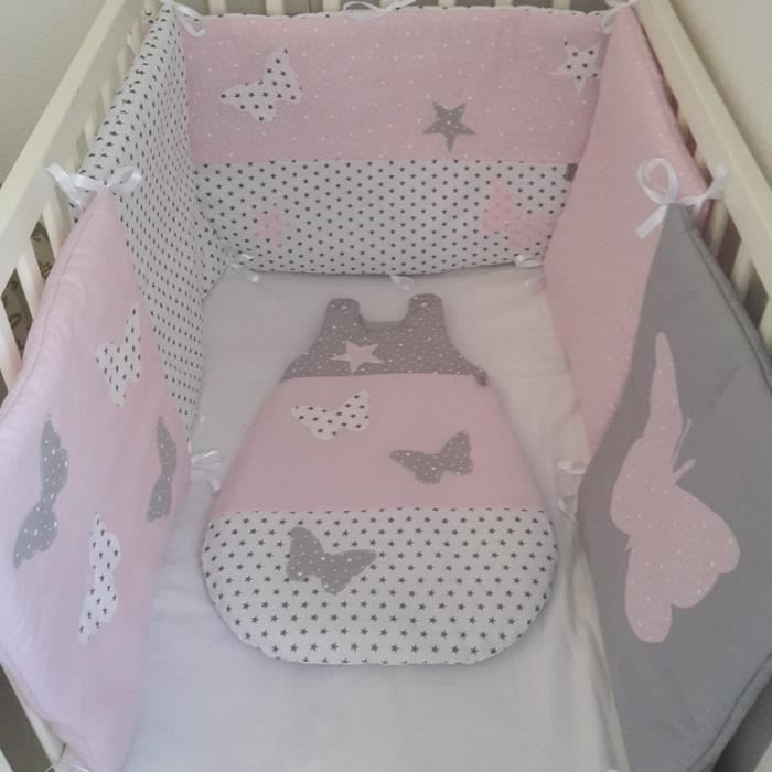 Ensemble Tour De Lit Gigoteuse Gris Clair Et Rose Poudre Et Motif Papillon Cdiscount Puericulture Eveil Bebe