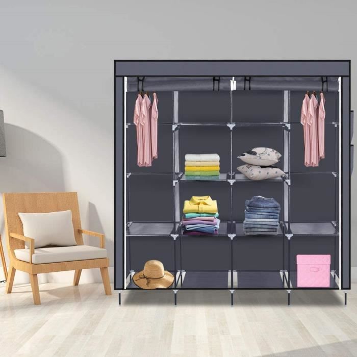 Armoire Rangement Tissu Portable - 150x45x175cm - 12 Étages - Housse Anti-Poussière