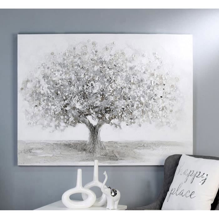 Casablanca Tableau Grand Arbre Toile Blanc Gris Argent Avec Structure Acrylique Cdiscount Maison