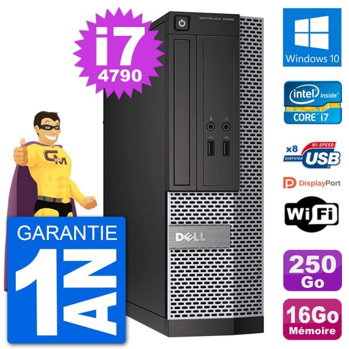 PC Dell Optiplex 3020 SFF i7-4790 RAM 16Go Disque Dur 250Go Windows 10 Wifi