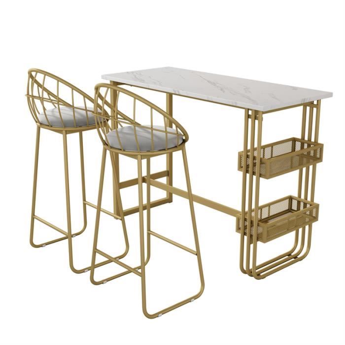 lot table(120×48×100cm) et 2 chaises de bar, table haute avec tabourets de style classique, structure en fer doré