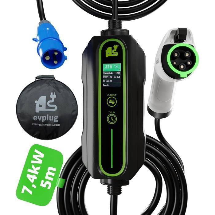 Evplug Chargeur EV Portable Voiture Electrique (Type 1, 5m, + Minut,  7,4kW