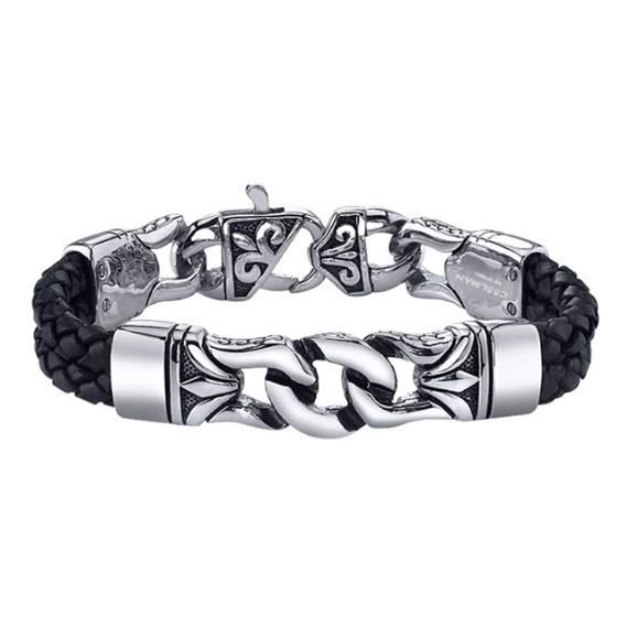Coolman Bracelet en Cuir Tress en Acier Inoxydable noir Bracelet