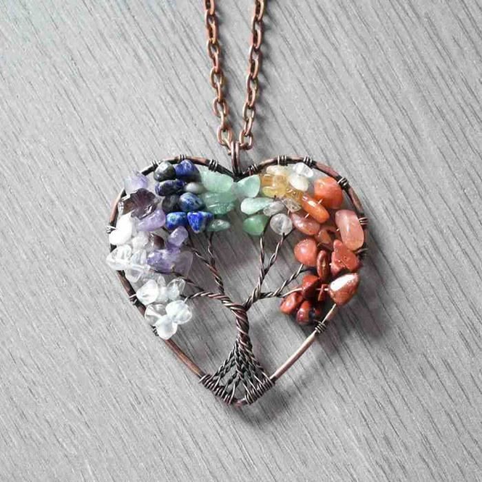 bijoux pendentif collier 7 pierres chakra naturelles diy arbre de la vie en cuivre fil forme rond perles pierre precieuse d'energie