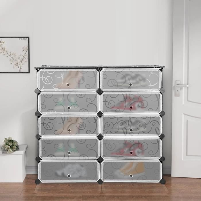 yiyi armoire à chaussures 10 cubes meuble à chaussures en plastique, etagère de rangement polyvalente pratique, 90 x36 x88cm.
