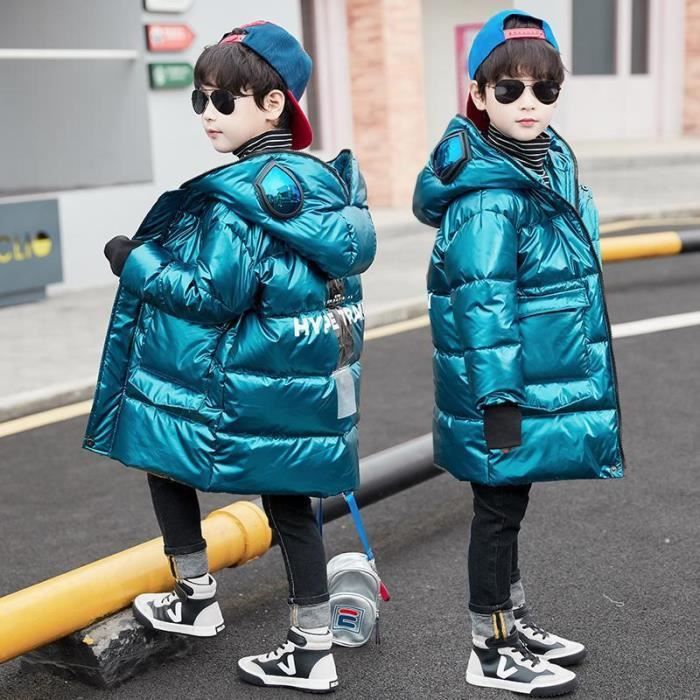Doudoune Mi long en Duvet de Coton Pour Garcons Vetement d hiver en cuir brillant pour enfants Bleu Bleu Cdiscount Pret a Porter