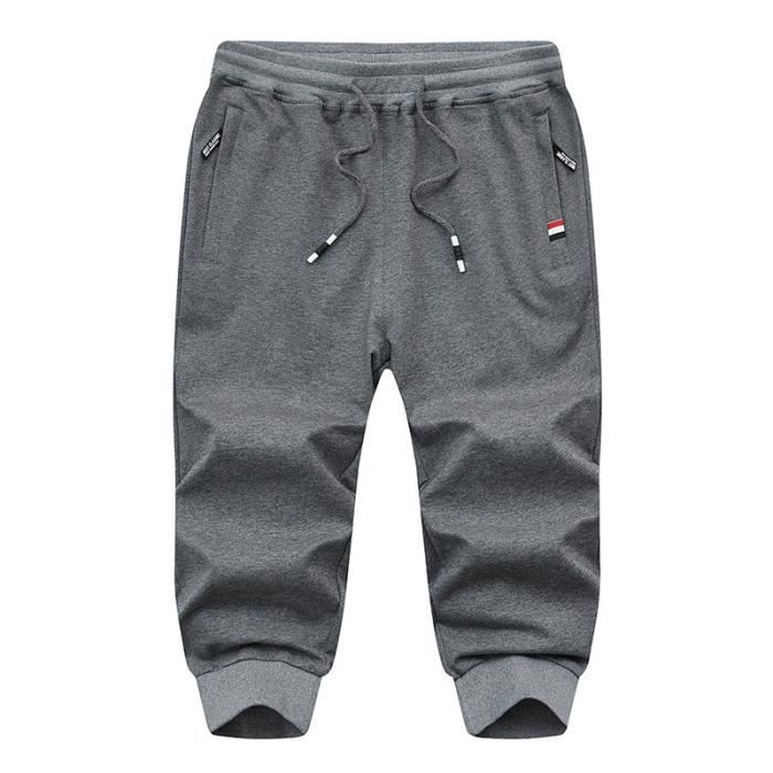 Pantacourt Homme,Pantacourt Coton Jogging Sport Eté Slim avec Cordon de Serrage Hommes-Gris Foncé