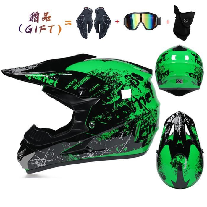Casque De Motocross, Casque De Moto Tout-terrain Pour Enfants, Casque De Moto BMX Tout Terrain Avec Gants Et Masques, Approuvé DOT (A-vert, Taille M