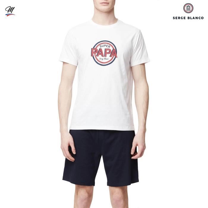 Pyjama Court en Coton 'Super Papa' SERGE BLANCO Papa d'Amour Noir  blanc Homme