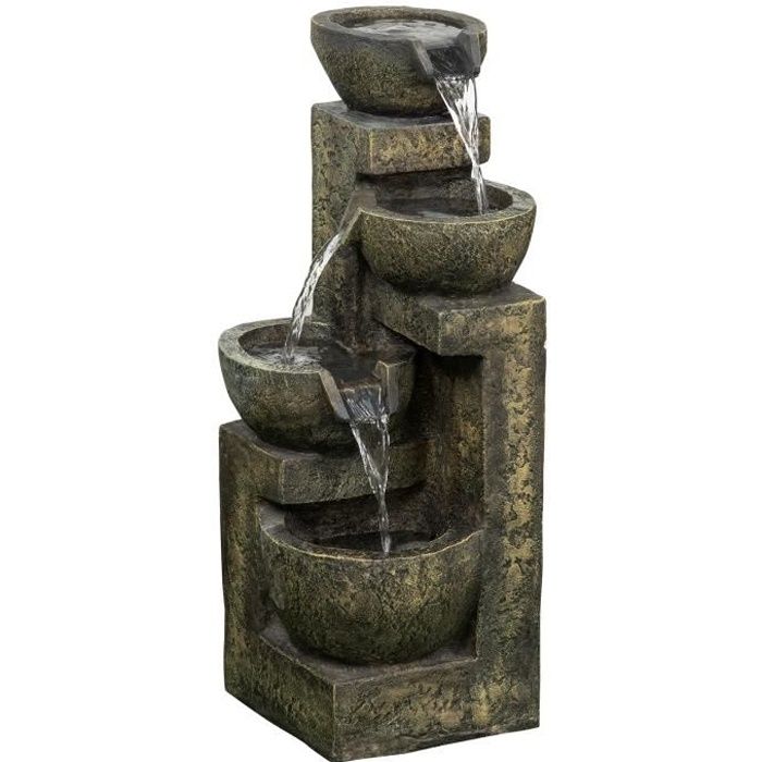 Fontaine de jardin cascade 4 pots débit réglable pompe à eau submersible incluse résine noir bronze vieilli 25x24x60cm Noir